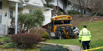 School bus loaded with kids rams into house