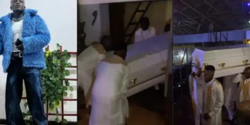 Portable arrives concert in a casket