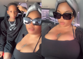 “Hey God! Pikin come get sense pass mama” – Nigerians react as Toyin Lawani rebukes son for telling her to cover her cleavage