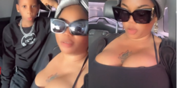 “Hey God! Pikin come get sense pass mama” – Nigerians react as Toyin Lawani rebukes son for telling her to cover her cleavage