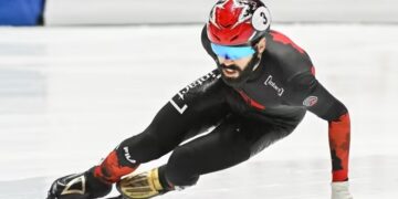 Steven Dubois of Canada, shown in this file photo, won gold in the men's 500-metre final at the World Cup short track speed skating event in Gdansk, Poland on Sunday. (Graham Hughes/The Canadian Press/File)