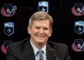 GF Sports and Entertainment's Erik Baker smiles during an announcement on Feb. 21, 2024 the National Lacrosse League's New York Riptide will be moving north and becoming the Ottawa Black Bears. (Adrian Wyld/The Canadian Press)