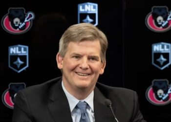 GF Sports and Entertainment's Erik Baker smiles during an announcement on Feb. 21, 2024 the National Lacrosse League's New York Riptide will be moving north and becoming the Ottawa Black Bears. (Adrian Wyld/The Canadian Press)
