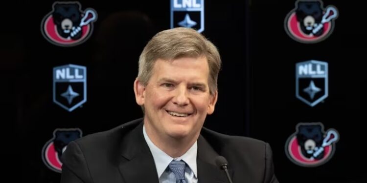 GF Sports and Entertainment's Erik Baker smiles during an announcement on Feb. 21, 2024 the National Lacrosse League's New York Riptide will be moving north and becoming the Ottawa Black Bears. (Adrian Wyld/The Canadian Press)